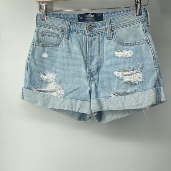 HOLLISTER high rise mom jean shorts 3” light denim distressed beach summer sz 25 - Picture 4 of 9